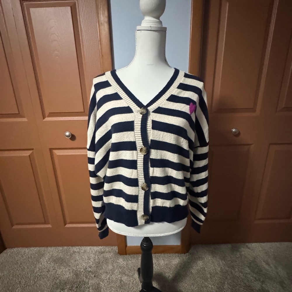 LOFT Navy and Cream Striped V-Neck Button Cardigan with Pink Heart